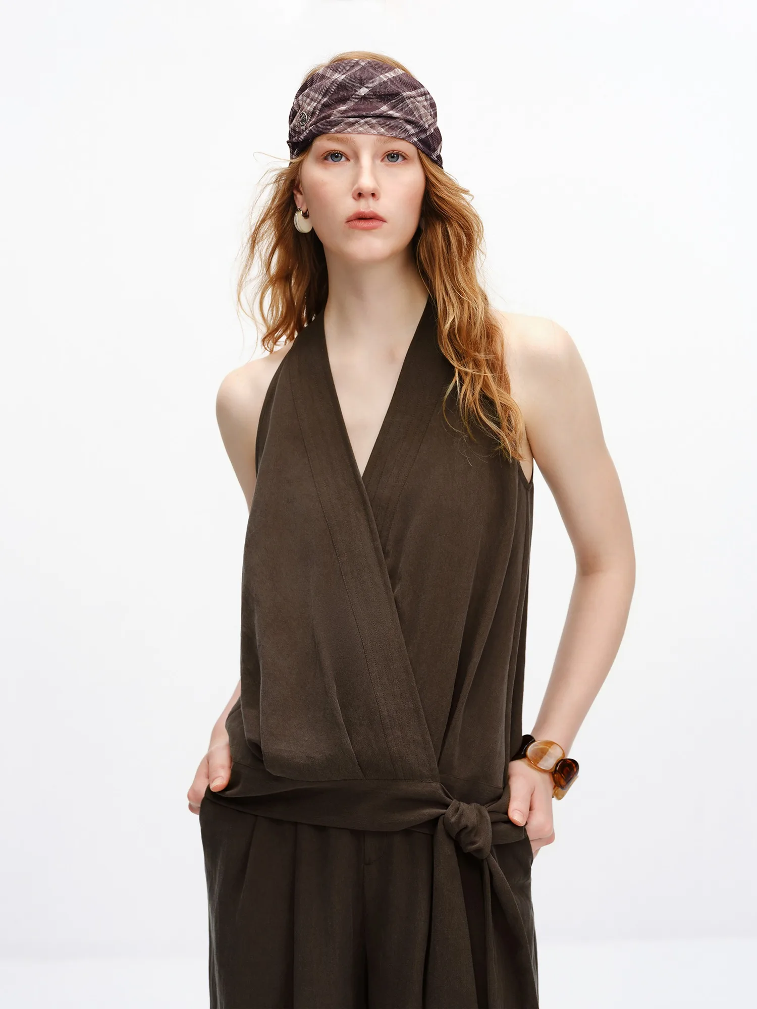 FSLE【Premium Series】 2026 Summer Women's V-Neck Tie Front Top and Wide Leg Pants Coordinated Set for Office Commute