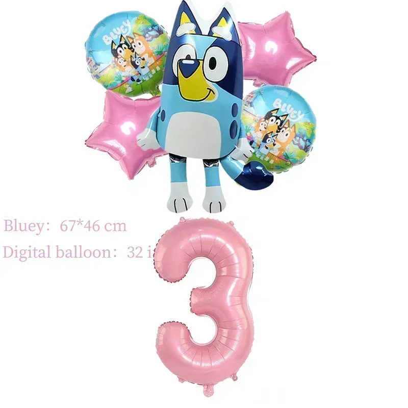 6 Stück Bluey Girl\'s Geburtstag Ballon Set Aluminiumfolie 32 Zoll Zahlenballon Geburtstag Party Dekor Layout Hintergrund