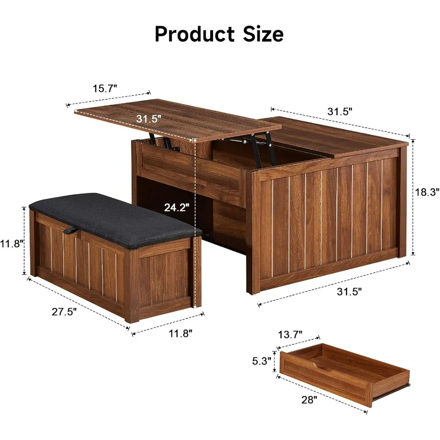Lift-top coffee table set with ottoman bench for living room, engineered wood in walnut brown, 4-in-1 multifunctional design wi