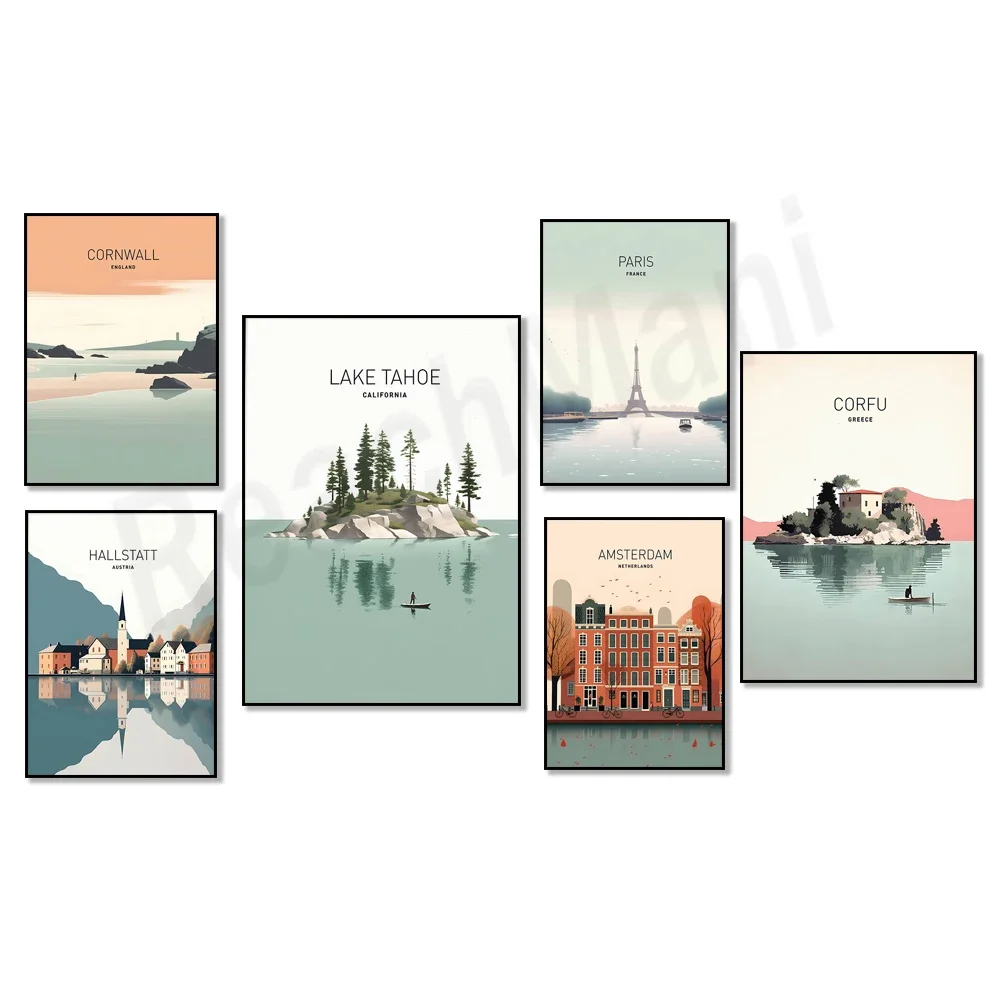 

Corfu Greece, Rethymno, Amsterdam, Paris France, Hallstatt, Cotswolds, Cape Town, Cornwall, Ibiza, Lake Tahoe travel posters