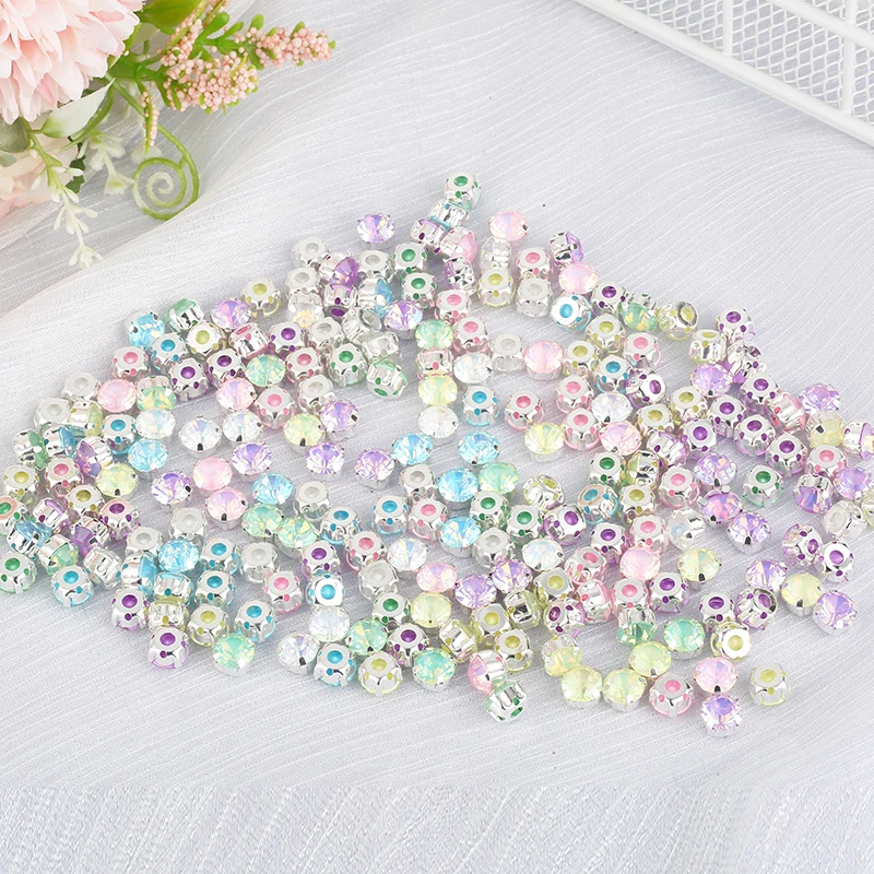 PEESOM 8mm 100szt Jelly Opal Color Round Sew On Crystal Rhinestone Sliver Claw Setting Flatback Glass Stone with Hole for Sewing