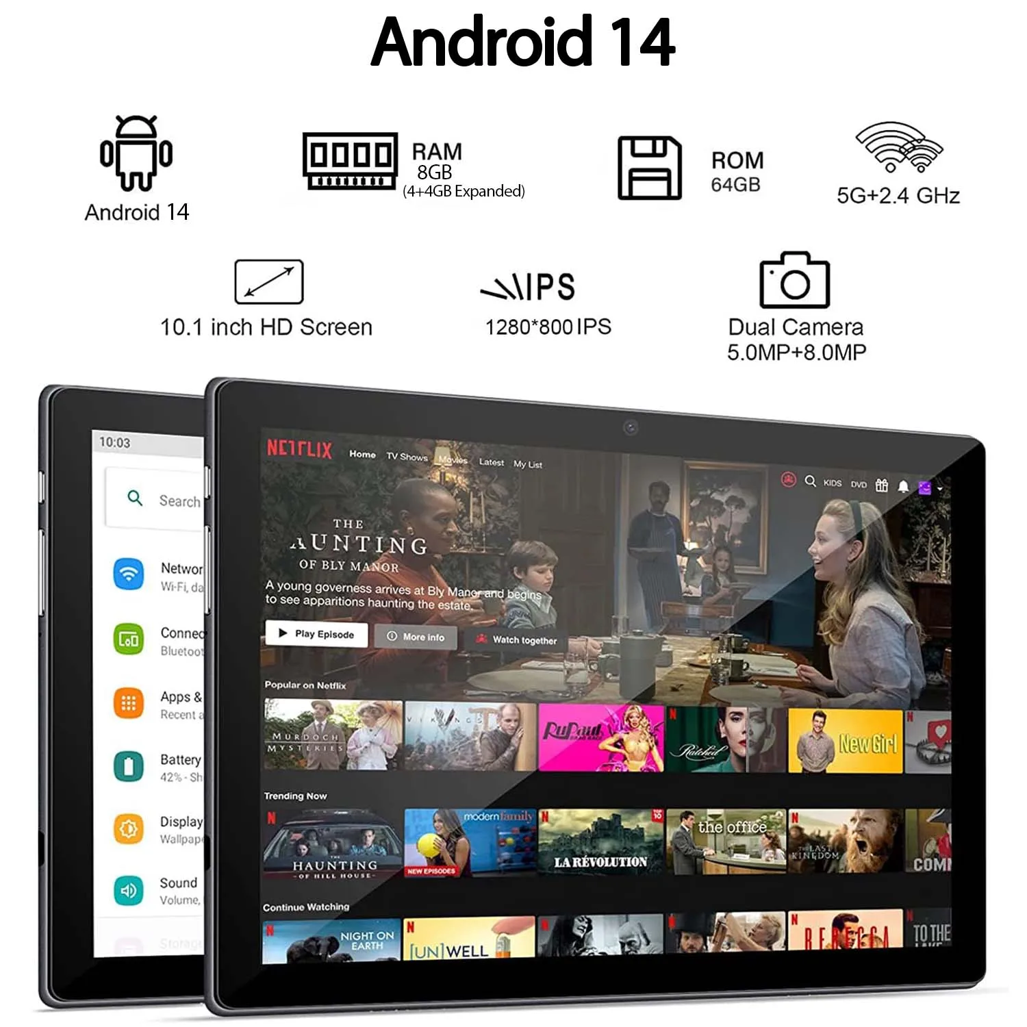 Relndoo Novo tablet Android 14, 8 GB (4 GB + 4 GB expandido) RAM 64 GB ROM, WiFi, câmera dupla, tela HD IPS de 10,1 polegadas 1280 * 800, tipo C