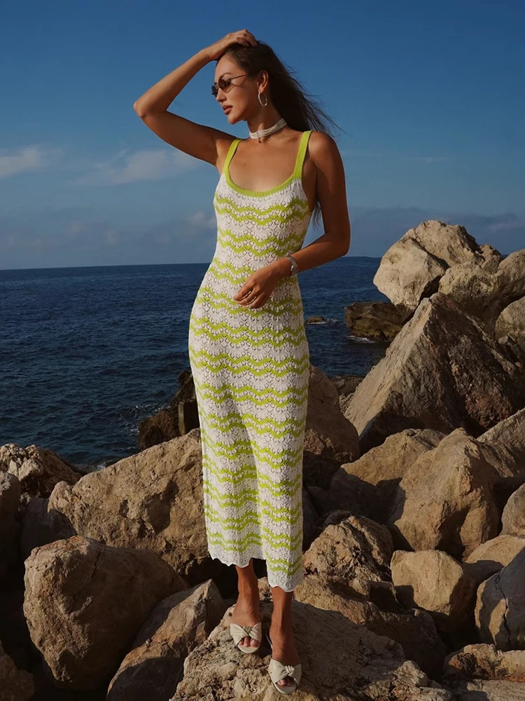 TARUXY-Vestido largo de punto a rayas con huecos para vacaciones en la playa, vestido envolvente de algodón con tirantes a la cadera, vestido Sexy para cubrir el verano 2025