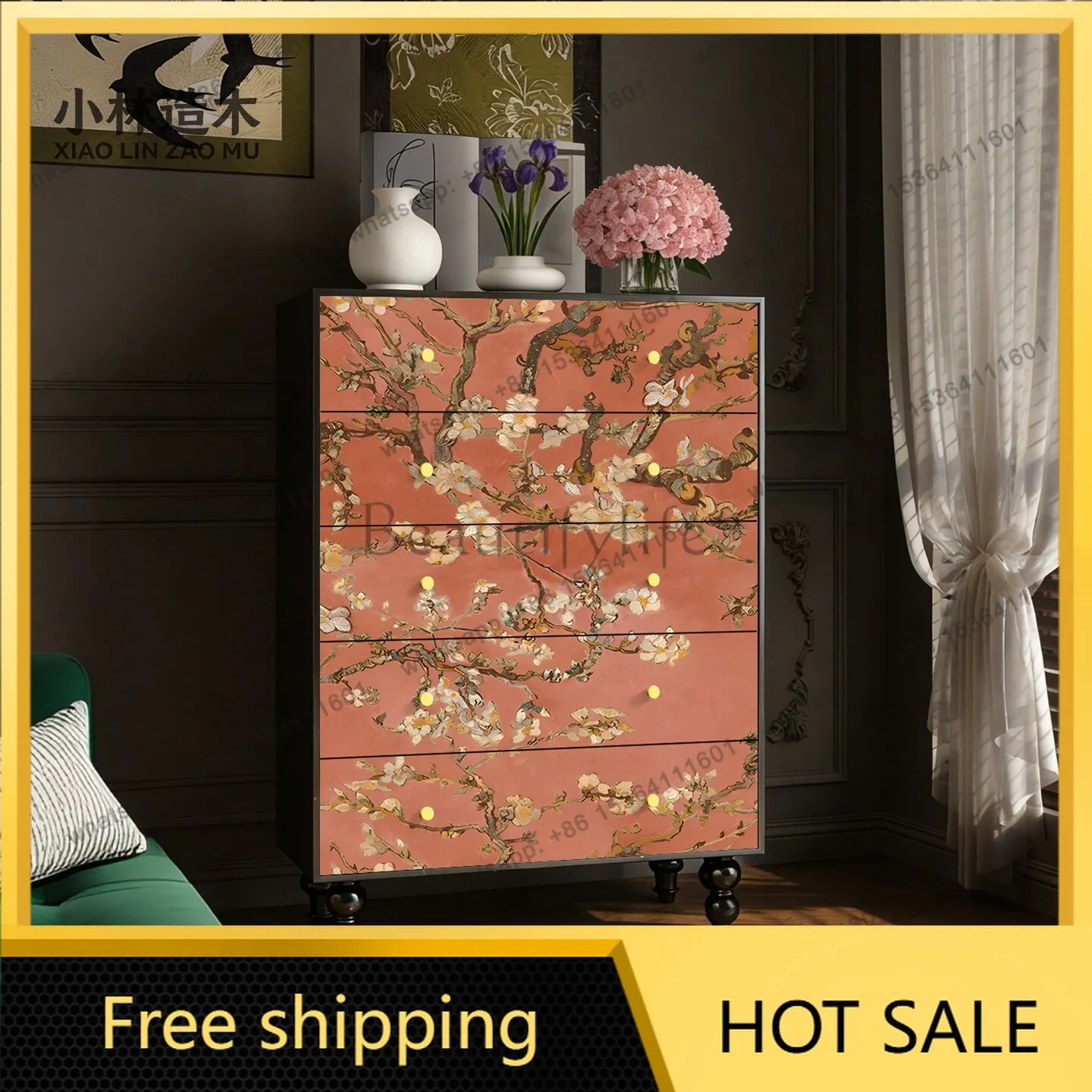 New Chinese-style all-solid wood chest of drawers, living room against the wall to store retro dining side cabinets