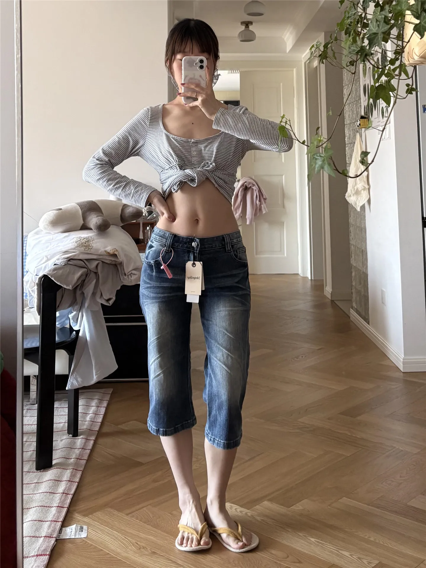 

Retro American Blue Low Waist Seven-Foot Women's Skinny Jeans Summer Washed Flared Denim Pants Casual Cotton Stretch
