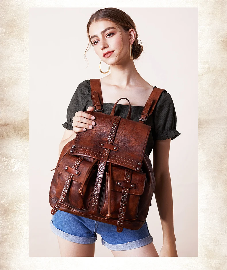 2023 New Retro Leather Women Backpacks Female Handmade Large-capacity Casual Rivet Travel Backpacks Laptop School Bags