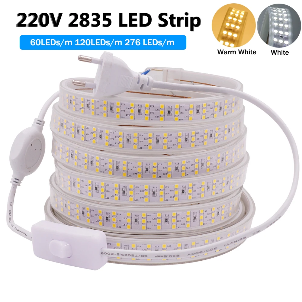 

AC 220V LED Strip Lights 60LEDs/m 120LEDs/m 276LEDs/m SMD 2835 Waterproof Outdoor Lamp Flexible LED Tape with EU Plug and Switch