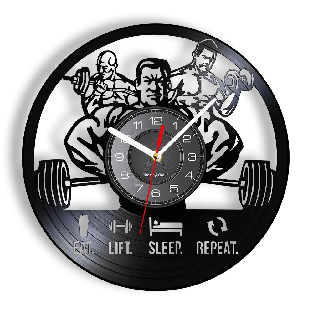 

Eat Lift Sleep Повторите Мужские Фитнес Тренажерный Зал Вдохновляющие Цитата Тренировки Настенные Часы Мышцы Мужчины Бодибилдинг Виниловая Пластина Настенные Часы