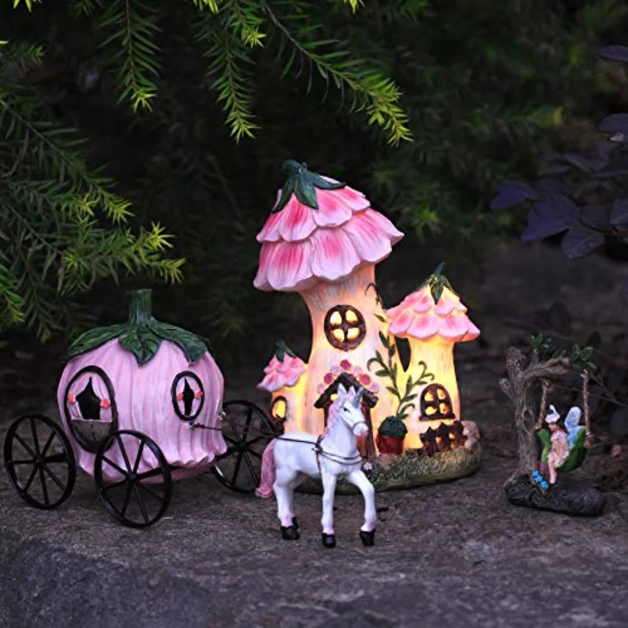 

Resin Fairy Garden - Miniature Floral Roof Cottage with Solar LED Lights, Fairy House Figurine Set of 3 with Carriage, Outdoor