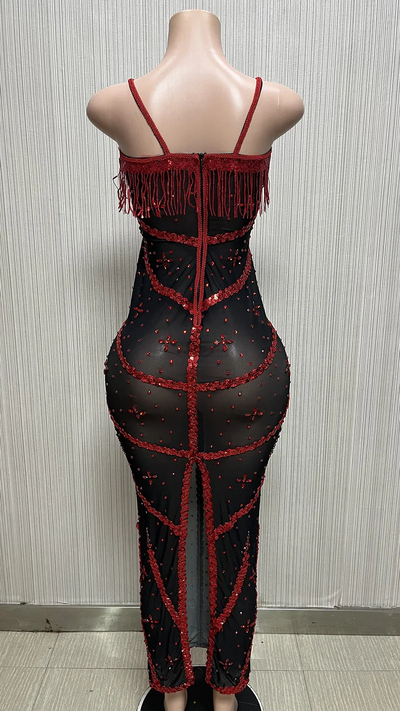 Customized Strap Rhinestone Lace High Elastic Sequins Ransparent Sexy Tight Dress Birthday Party  Dress Performance Longuette