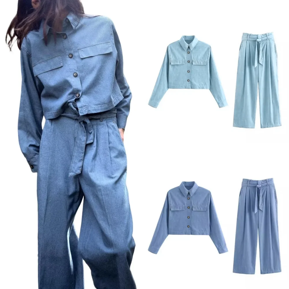 Women\'s Commuter Wind Denim Fabric Shirt Single Breasted Long Sleeved Top with Paper Bag Style Wide Leg Pants Set