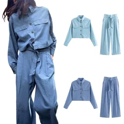 Women's Commuter Wind Denim Fabric Shirt Single Breasted Long Sleeved Top with Paper Bag Style Wide Leg Pants Set