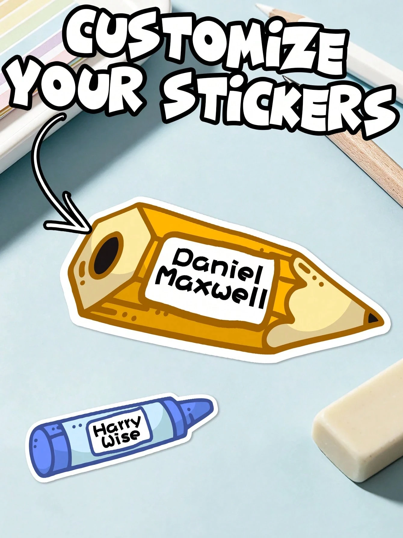 Personalized Cartoon Name Stickers Pencil Crayon Style Cute Kawaii Retro Reusable Book Labels For Student Teacher Back To School