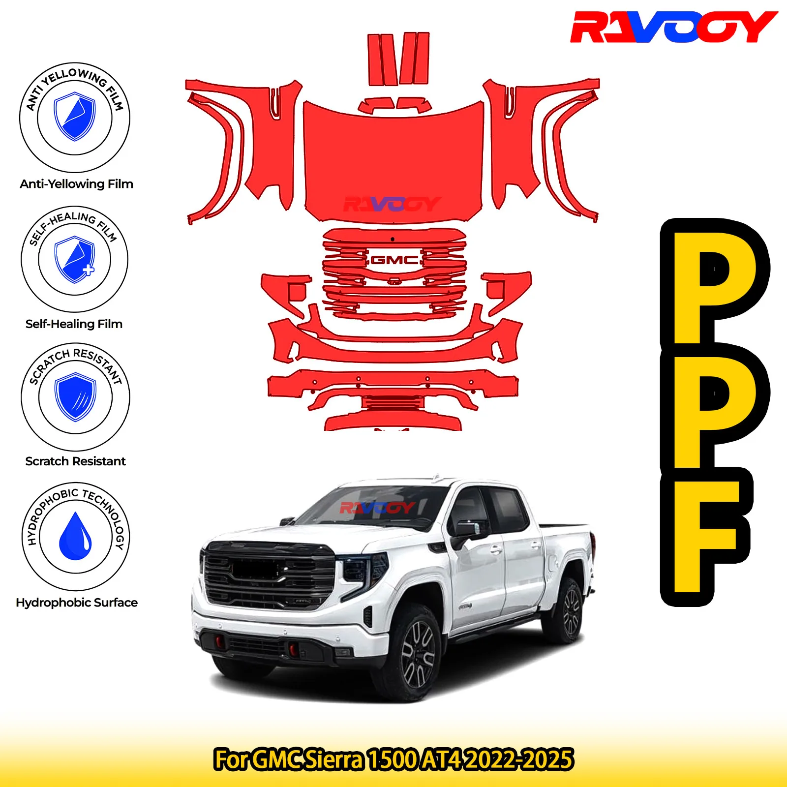 

For GMC Sierra 1500 AT4 2022-2025 Glossy Matte Black Precut front PPF Kit Paint Protection Film