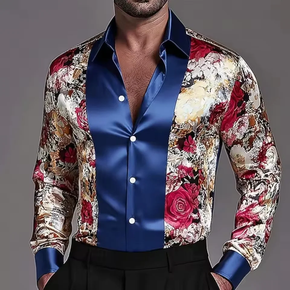 New men's satin casual shirt, long sleeved shirt, single breasted shirt, lapel shirt, wedding party clothing plus size shirt