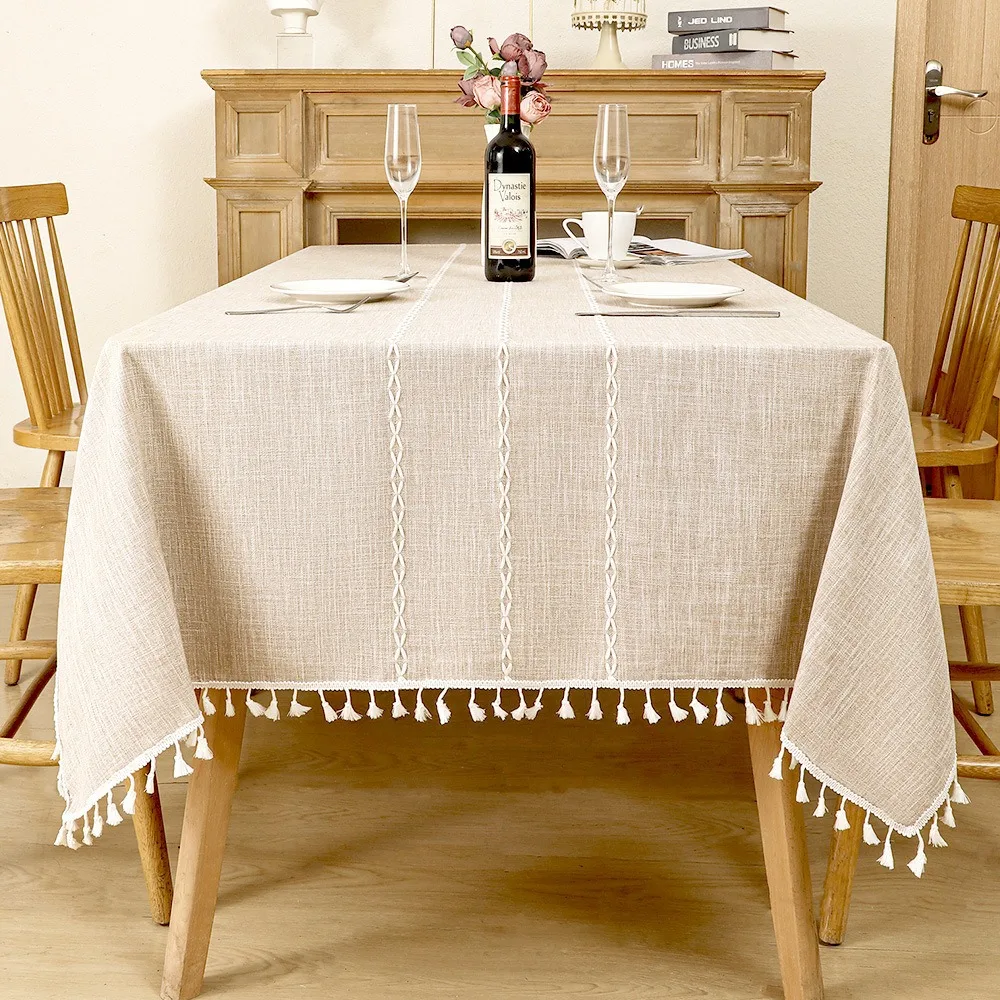 

Linen Jacquard Checkered Square Tablecloth,Cotton Linen Tassels Dust-Proof Table Cover,For Dinner Party Wedding Decor