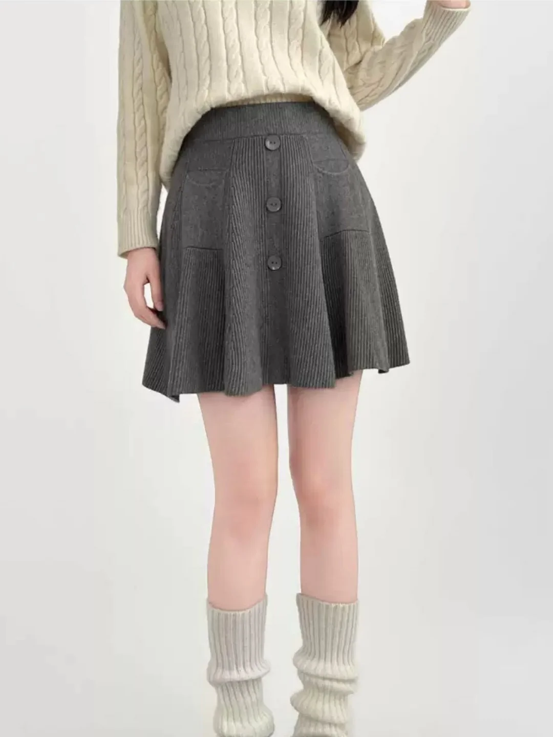 

Юбка А-силуэта с высокой талией, вязаная, женская, осенне-зимняя, больших размеров, утягивающая, скрывающая бедра, базовая юбка или юбка-полусолнце