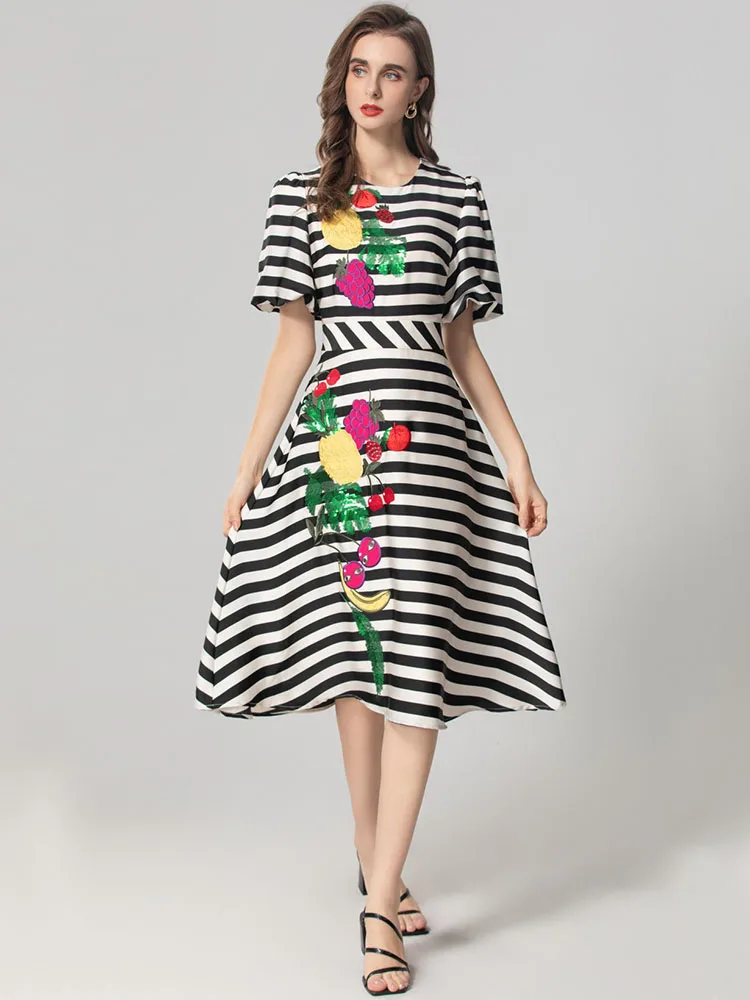 

JUNLINNA Fashion Women Party Holiday Dress O-Neck Short Sleeve Striped Printing Sequins Fruits Embroidery Vestidos Midi