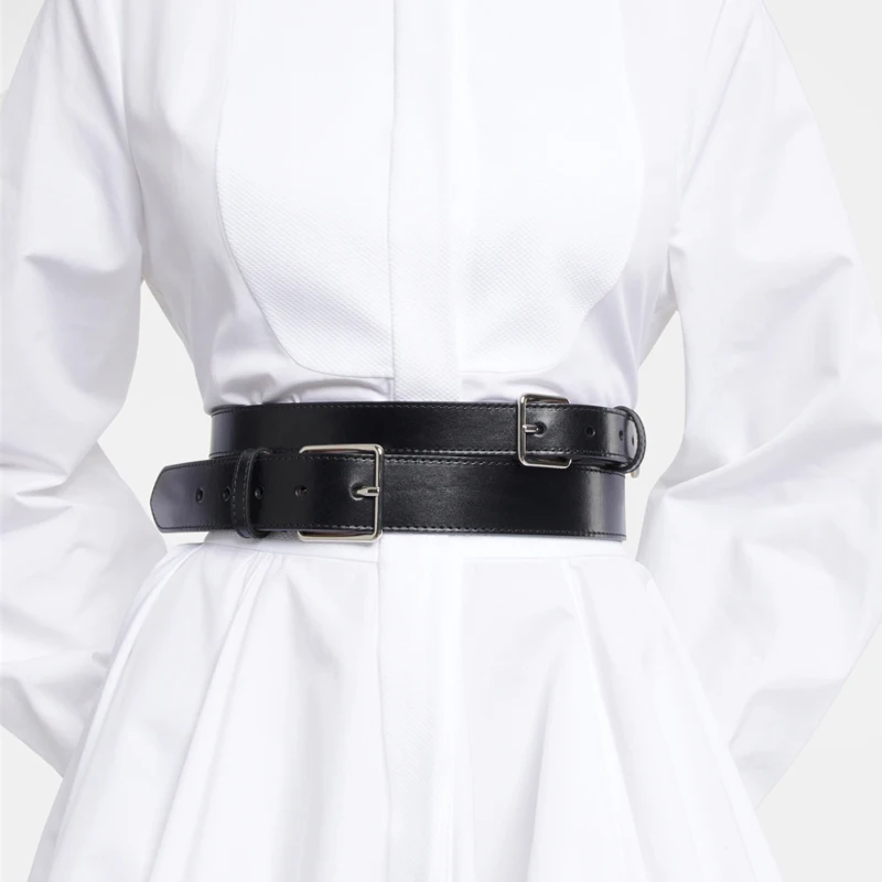 

Double needle silver buckle cowhide waist seal, women's leather wide design waist belt, black 6cm width coat belt