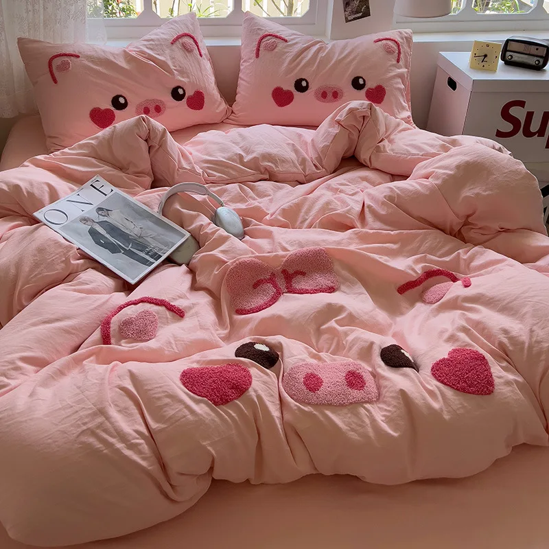 Cute Pig Bedding Set Embroidery No Filler Soft Ins Single Queen Size Duvet Cover Flat Sheet Pillowcase Girls Home Bed Linens