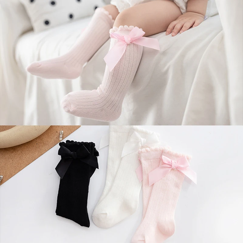 Baby Socks Cute Newborn Girls High Knee Princess Mid-tube Children Socks Kids Big Bow Stocking Cotton Infant Toddler Accessories