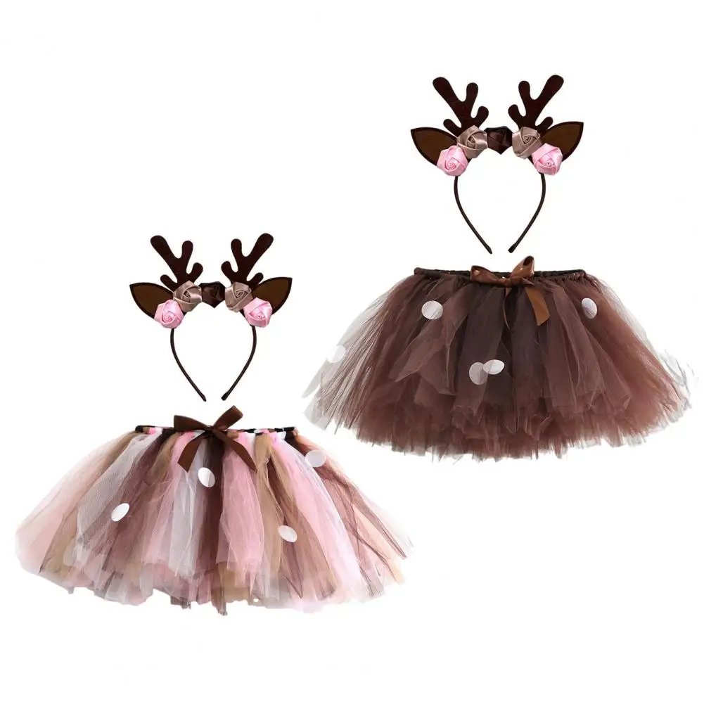 2 Pcs Girls Christmas Deer Skirts Outfit Kids Tulle Pettiskirts With Dots Kids Birthday Christmas Reindeer Costumes Clothes