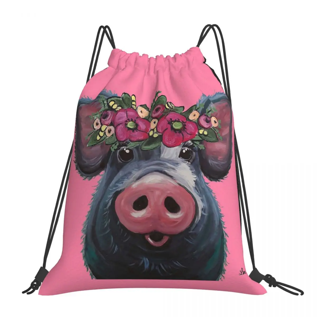 Cute Pig Art, Pig With Flower Crown Art, LuLu Pig Art Backpacks Drawstring Bags Drawstring Bundle Pocket Sports Bag Book Bags