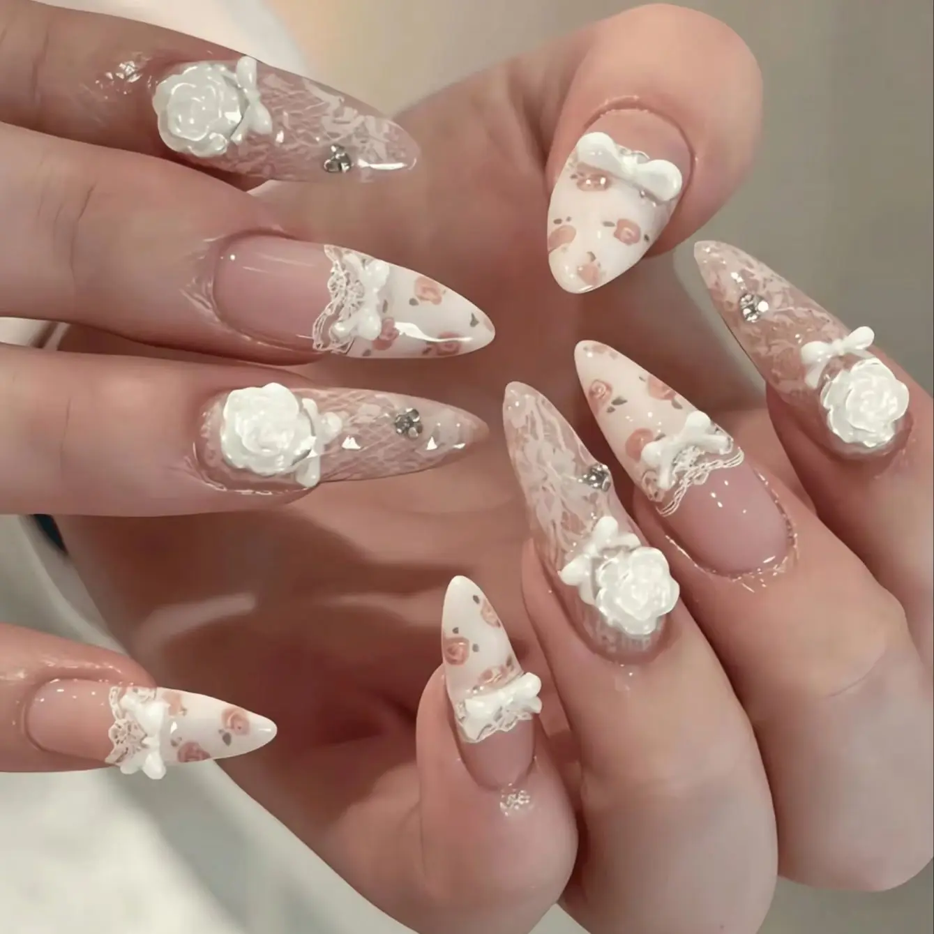 10-Piece Set of Nude Pink Lace 3D White Rose Bow Floral Print, Almond-Shaped False Nails, Suitable for Sweet Lolita Weddings and Dates