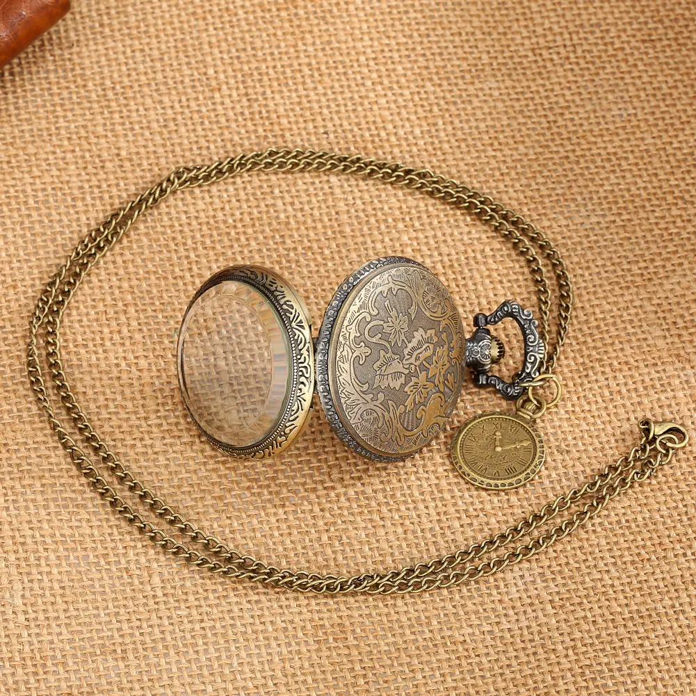 Elegant Retro Transparent Glass Cover Bronze Quartz Pocket Watch Exquisite Dial Men Women with Necklace Watches