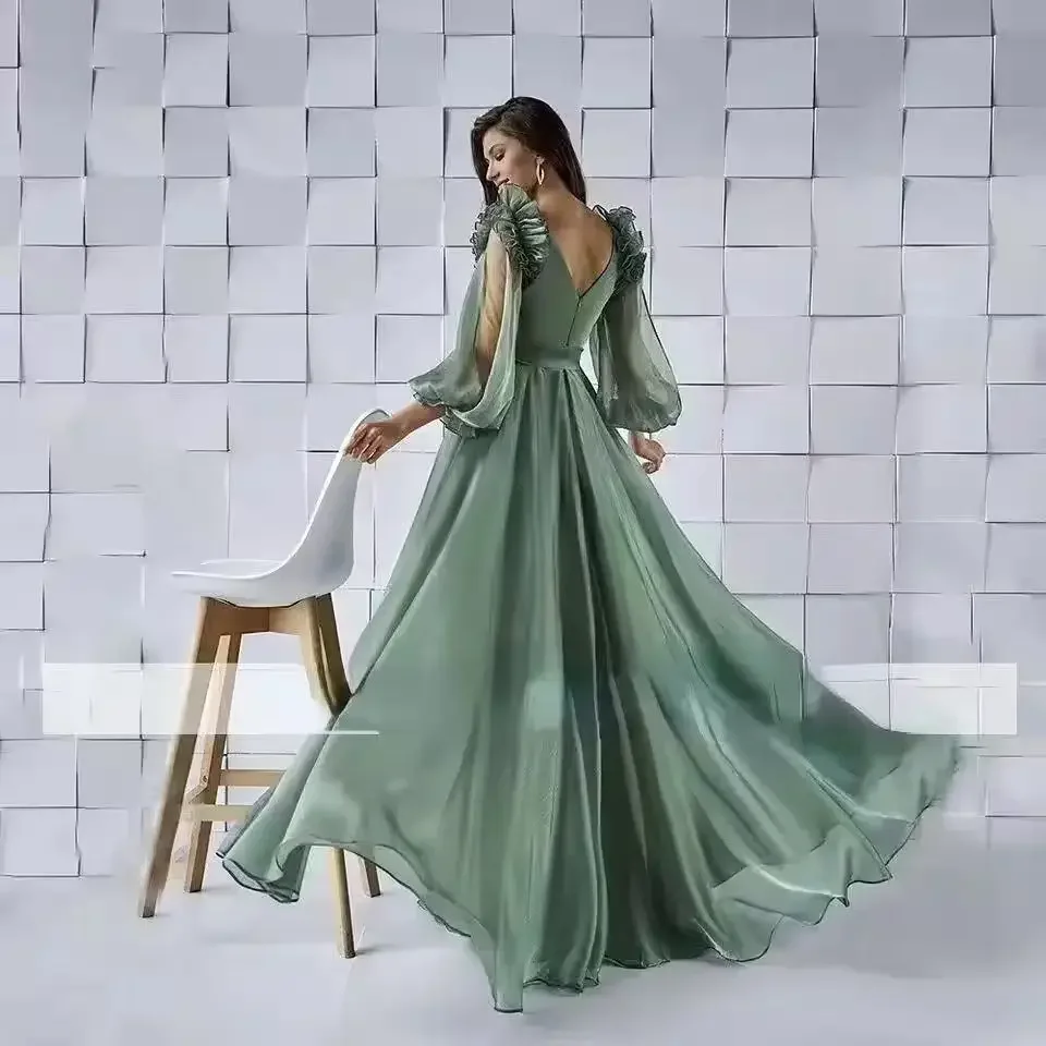 

Customized Exquisite A Line Party Gown For Woman Long Sleeves Ruffles V Neck Custom Floor Length Formal Evening Dress Vestidos