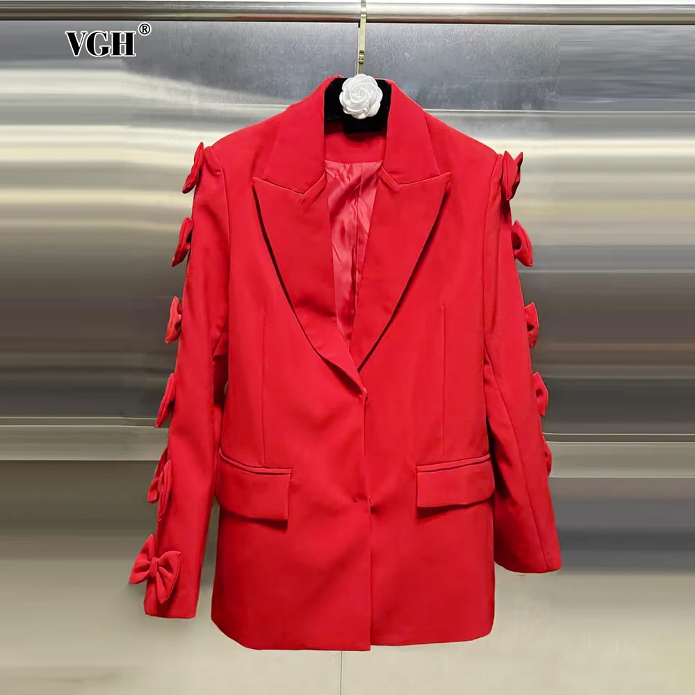 

VGH Elegant Spliced Bowknot Solid Blazer For Women Notched Collar Long Sleeve Patchwork Button Slimming Blazers Female Fashion