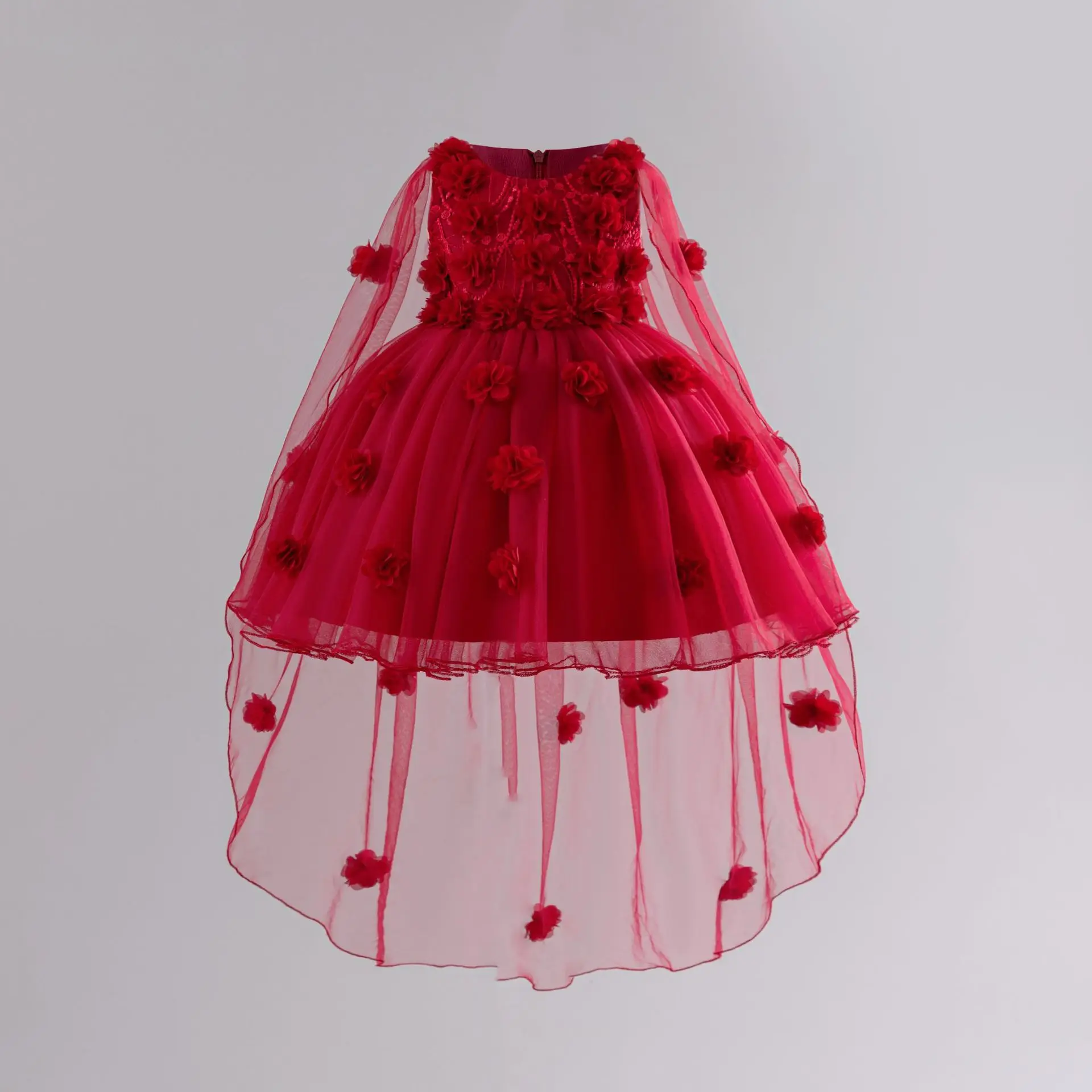 

Multi Layer Chiffon Children's Dress with Flower Decoration Long Transparent Chiffon Girls' Dress with 3D Flower Decoration