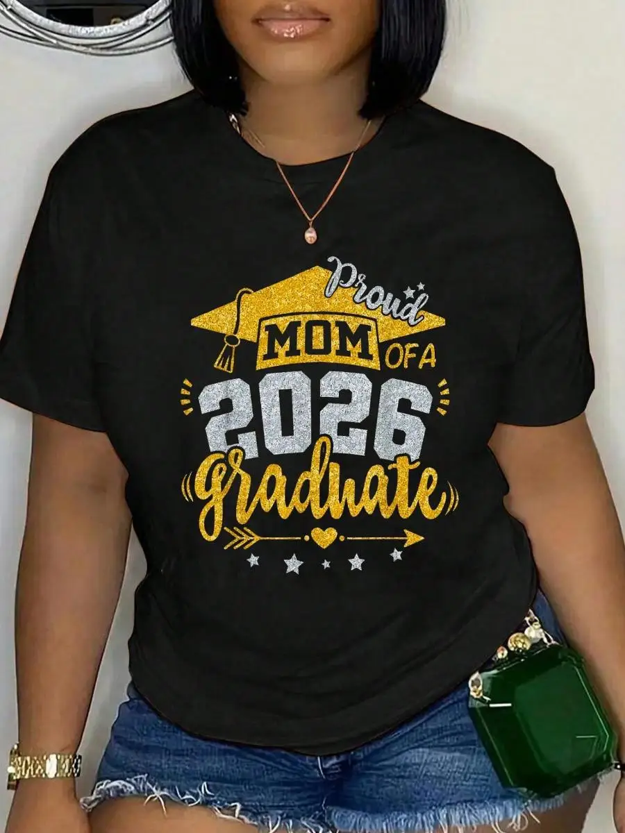 100% Cotton Proud Mom Of A 2026 Graduate Grad Senior Graduation Mother T-Shirt Women s Men s Graphic Tee Comfort Crew Neck Summer Vacation Tops