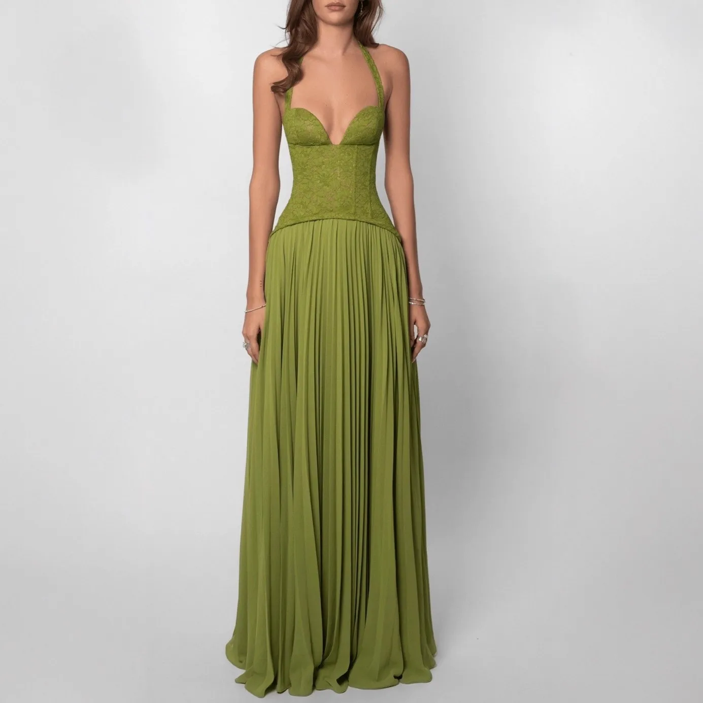 Women's Pleated Summer Wedding Guest Dress: Sexy Low Neck Backless Sleeveless High Waist Bodycon Solid Color Party Dress