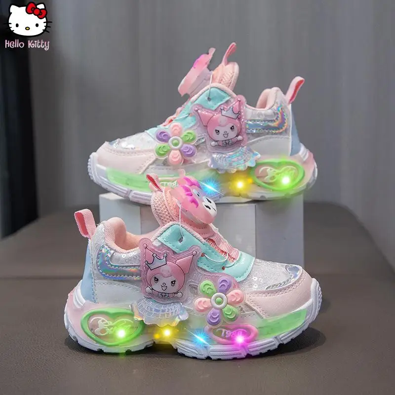 

Sanrio Kuromi, осенние новые кроссовки в стиле аниме для девочек, детская обувь принцессы с героями мультфильмов Kawaii, дышащая светящаяся обувь с поворотными пуговицами