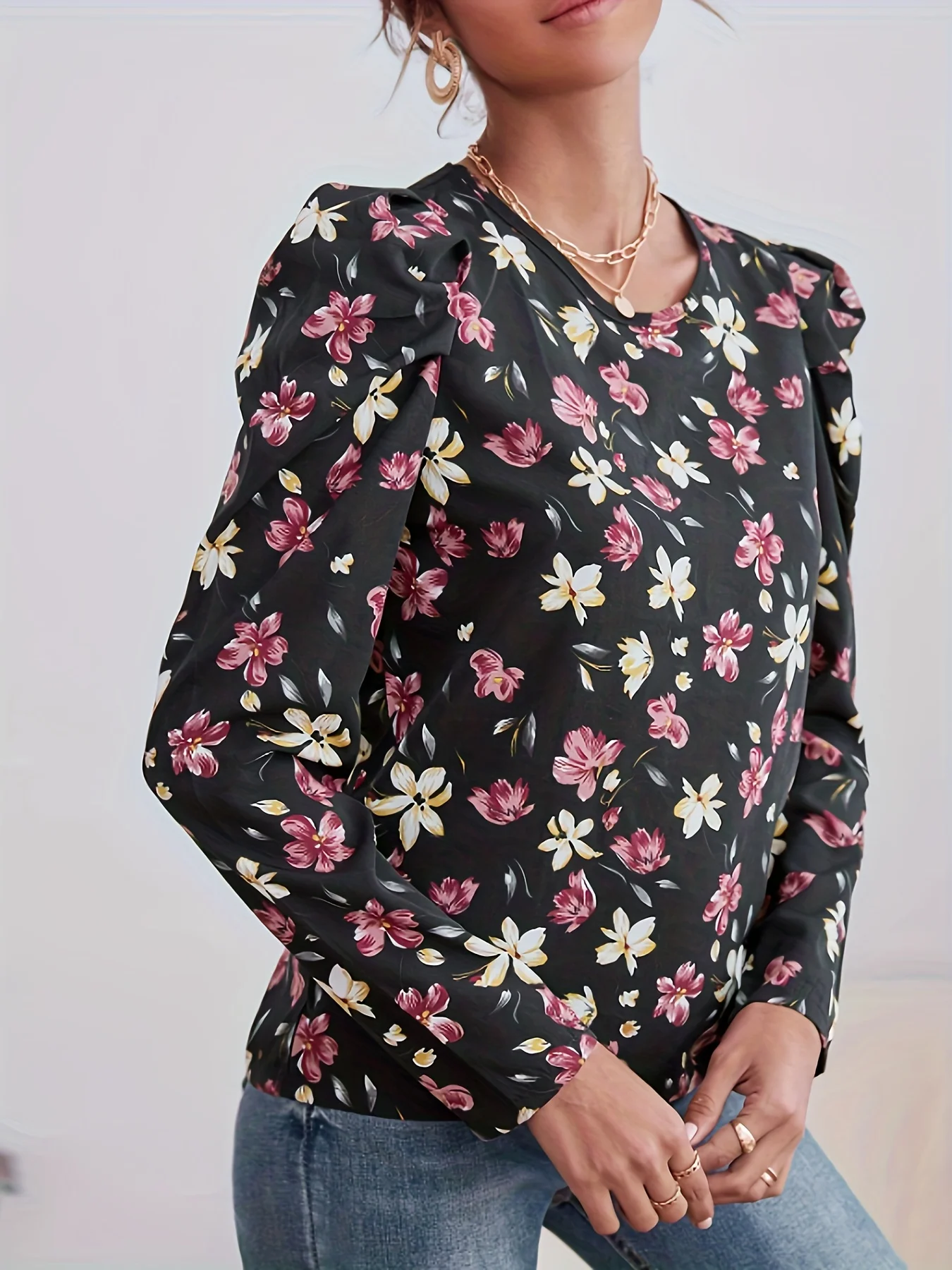 European  And n  Fashion  Round Neck Asymmetrical  Straps Shrug  Long-Sleeved Flower Print  Shirt Blouse Women\'s  Wear