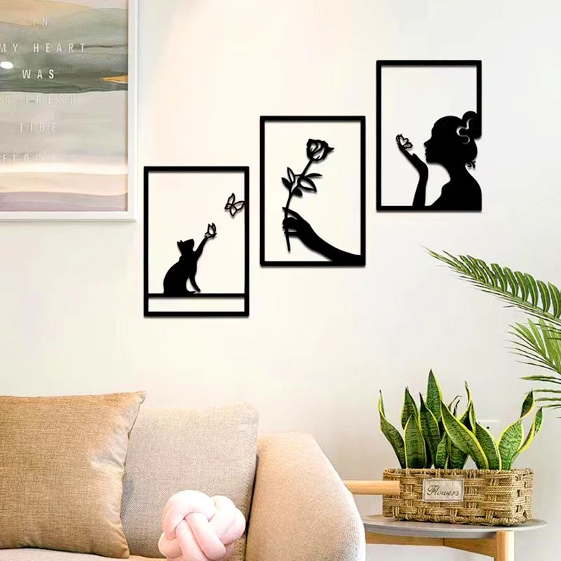 3pcs Rose Woman Cat Acrylic Wall Stickers Self Adhesive Lines Art Diy Creative Decoration Home Living Room Decorations