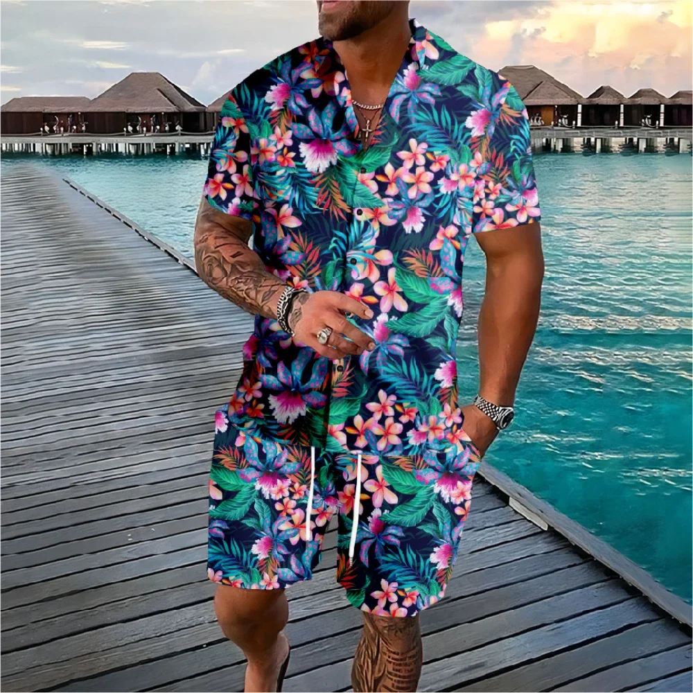 Hawaiiaanse palmboom kokospalm bloemen knop trainingspakken shirts shorts kleuren bloemen sets streetwear casual strand herenkleding