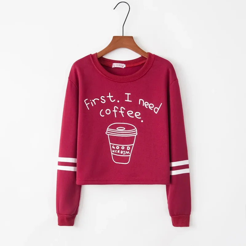 Coffee Cup Lettering Printed Round-Necked Long-Sleeved Sweater Fashion Trend