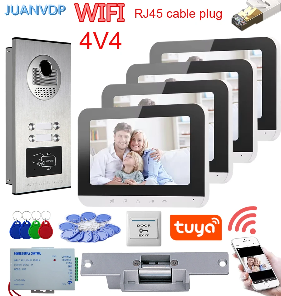 Wifi Intercom RFID Unlock Doorbell Video Intercom for Home RJ45 Cable Plug Video Doorphone Security for 2/3/4/6 Apartments Lock