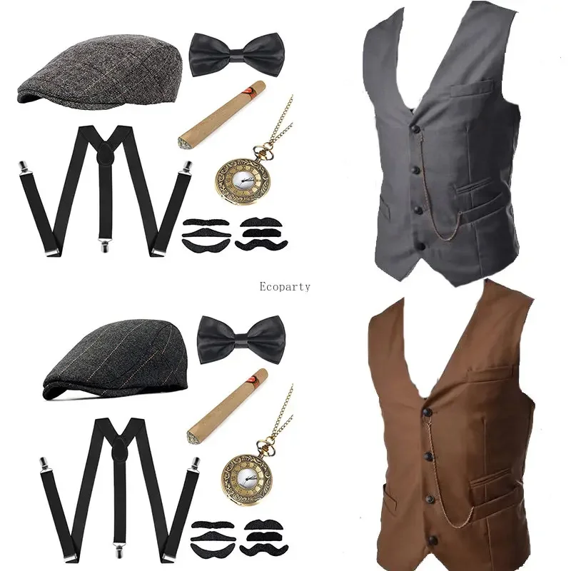 Men's Gangster Costume And Accessories Set Steampunk WaistCoat Peaky Blinders Vest Pocket Watch 1920s Men Gatsby Cosplay Outfit