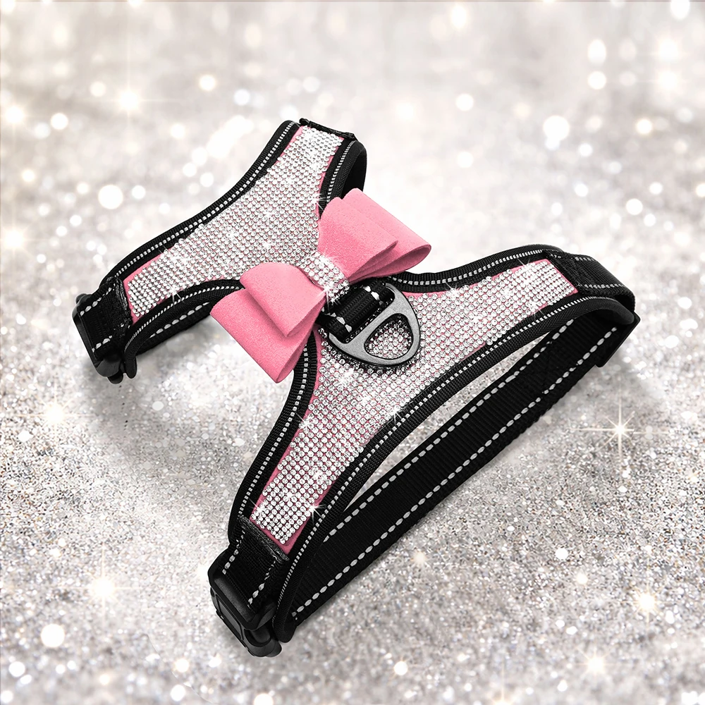 Fashion Bling Rhinestones Diamante Reflective Dog Harness Pet Puppy Vest with Cute Bowknot for Yorkshire Jack Russell