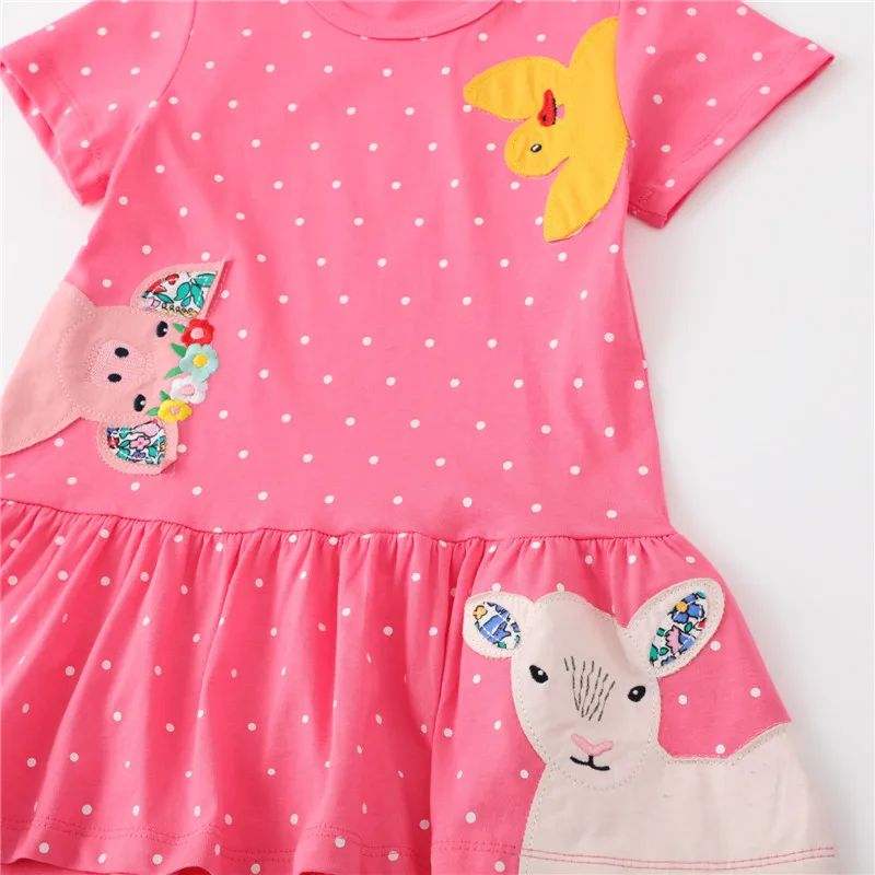 Jumping Meters New Arrival Dots Animals Embroidery Princess Girls Party Dresses Summer Short Sleeve Kids Frocks Baby Clothes