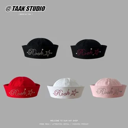 Korean Version of Spring and Summer Y2K Rhinestone Letter Decorative Sailor Hat Female Niche Street Trend Flip Brim Beret