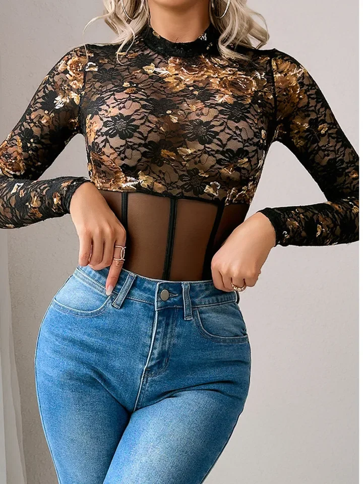 Light Mature Pure Desire Sexy Mesh Lace Print Round Neck Long Sleeved Waist Cinching Slimming  High Fork Bodysuits Charming E9F4