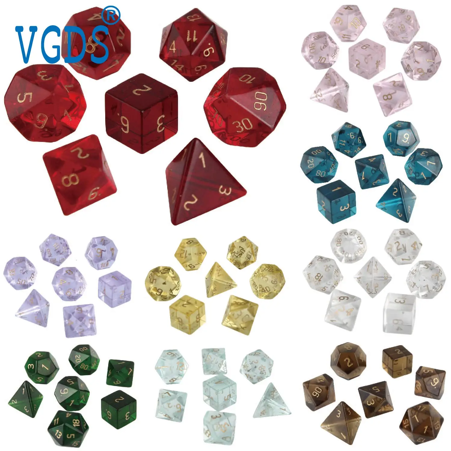 7Pcs/SET D4 D6 D8 D10 D12 D20 VGDS Cosplay  Table Game Arial Font K9 Transparent Glass Dice