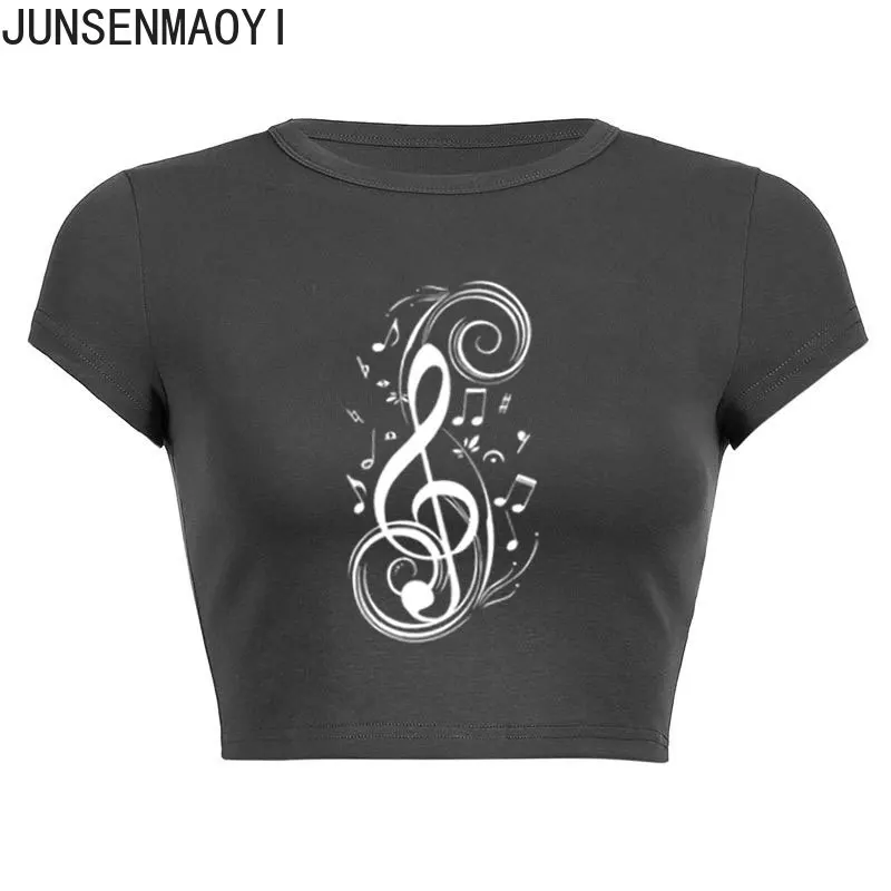 Musical Note Music Tide Print Pattern New Summer Short Sleeve O Neck Cropped Navel Women Crop Tops Fashion T-Shirt