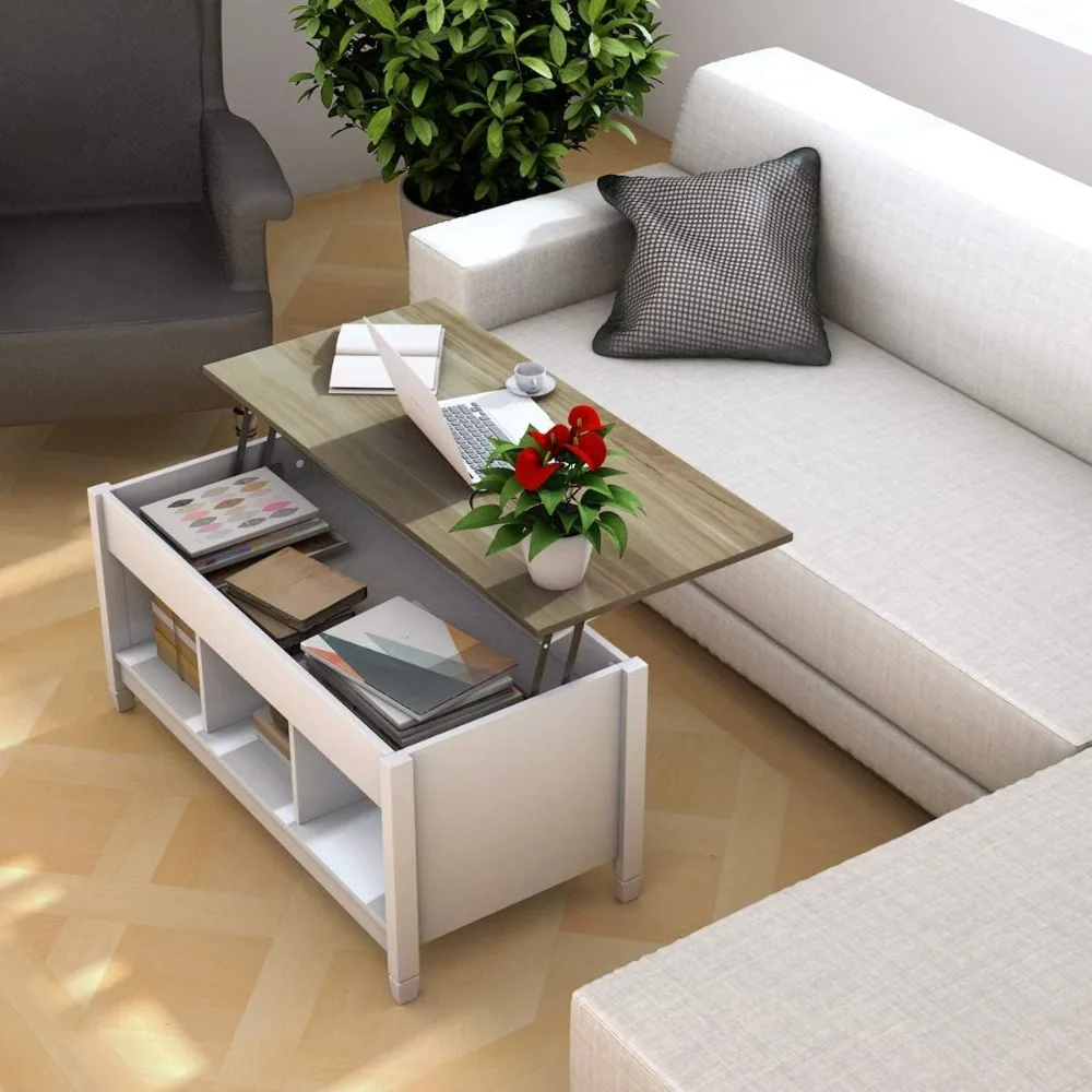 Wood Lift Top Coffee Table, Modern Coffee Table w/Hidden Compartment and Open Storage Shelf for Living Room Office Rece