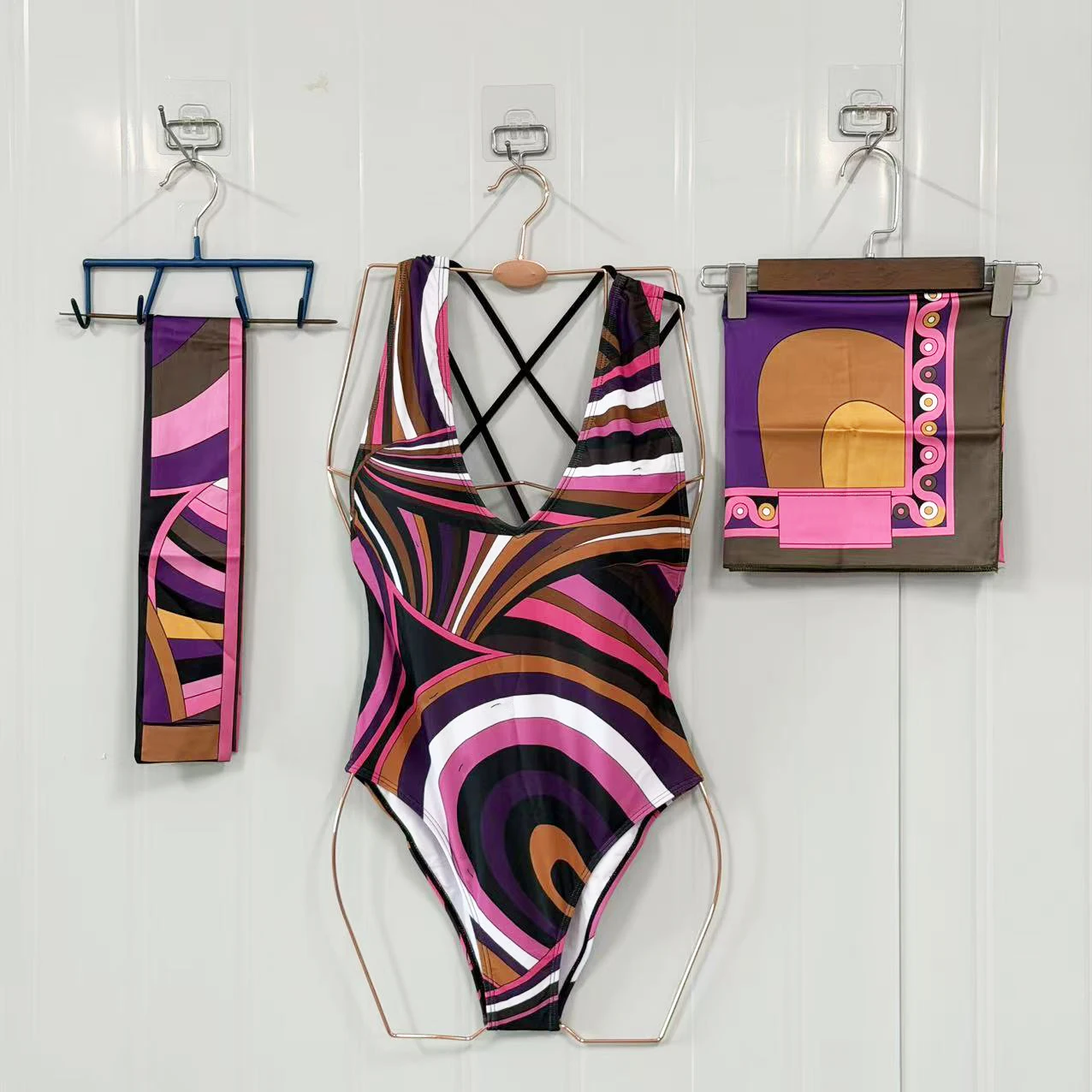 Classic Design Women's Purple Ribbon Scarf Exposed Back Swimsuits with Signature Logo Luxury Brand Women's One-Piece Swimsuits