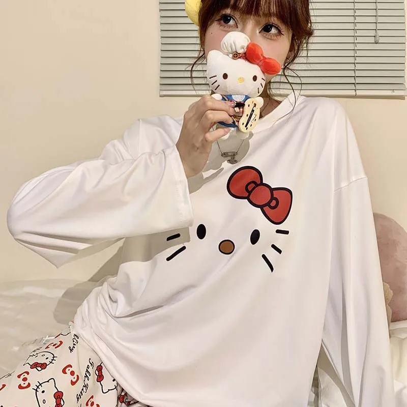 かわいいハローキティ女性パジャマセット春秋アニメ長袖パンツツーピースセット女の子ホームウェアカジュアルルーズラウンジウェア